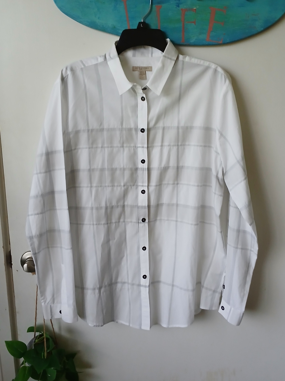 Burberry Brit White Button-Down Womens Shirt with Subtle Gray Plaid Classic XL